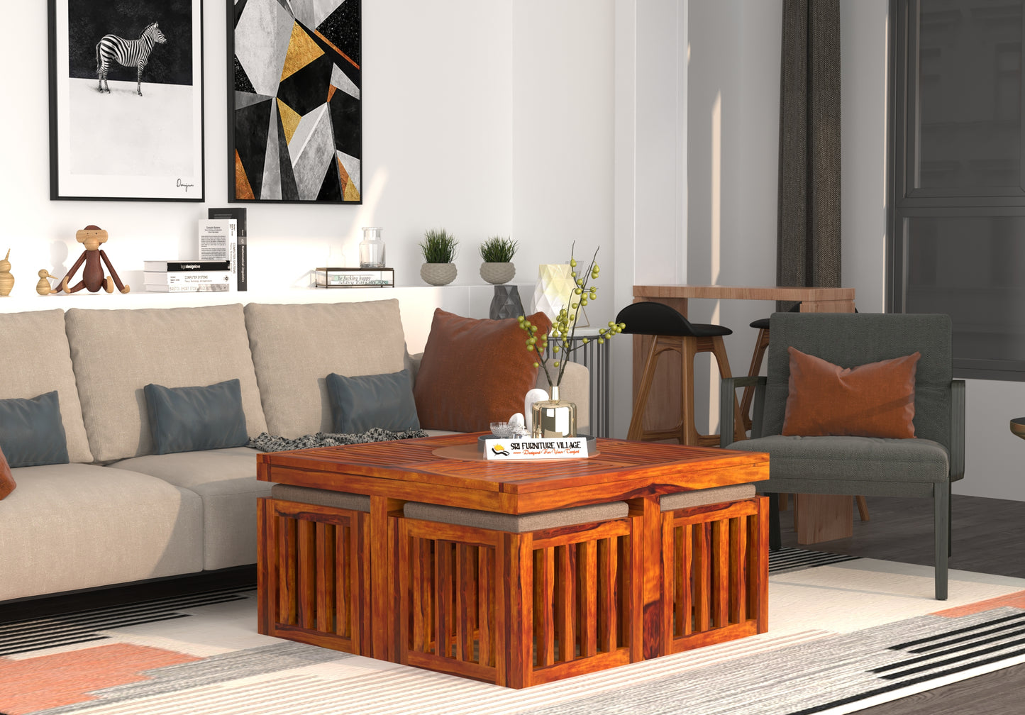 ZenFour Center Table with 4 stools - (Stone Finish) - 7078