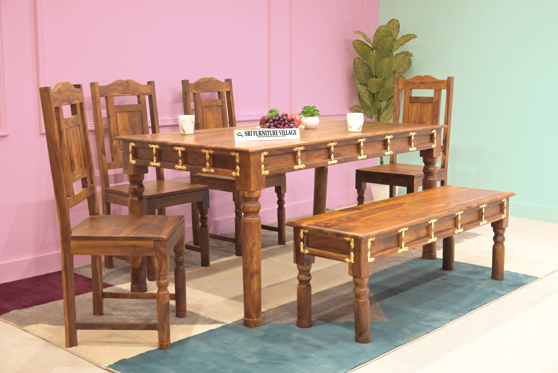 Natural 6 Seater Dining Table Set With Bench