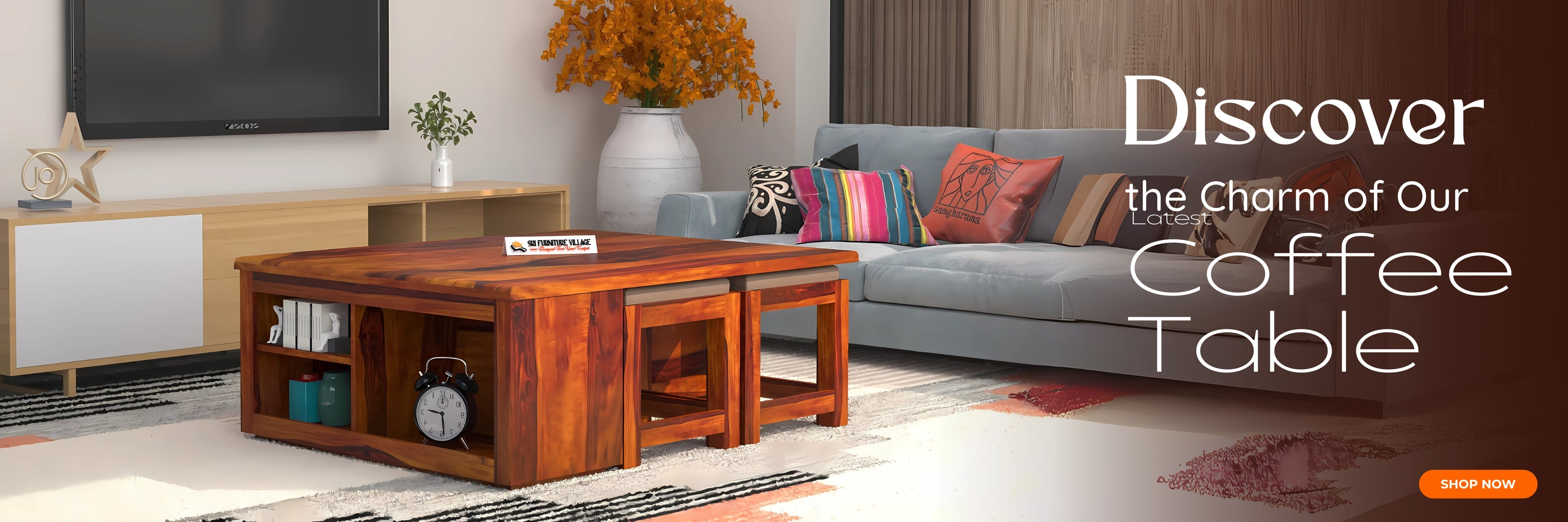 Wooden coffee table in a living room setting with a couch and TV in the background.