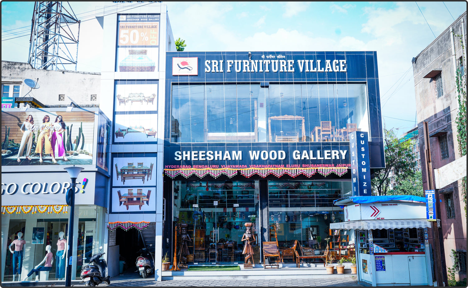 Sri Furniture Village Pune Showroom featuring premium sheesham wood furniture display